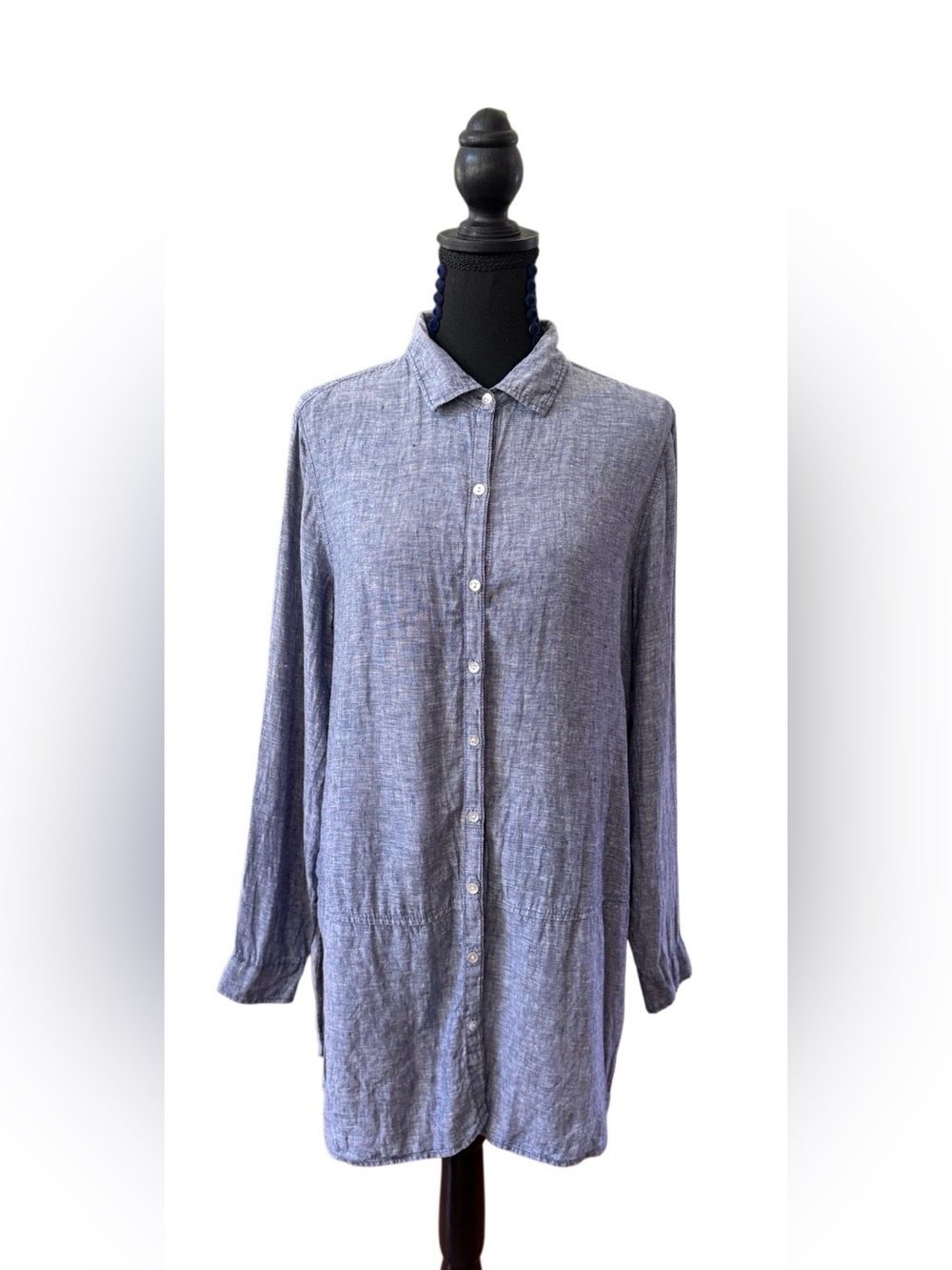 Tahari Linen Blue Button-Down Long Sleeve Button Down Relaxed Fit Dress Shirt